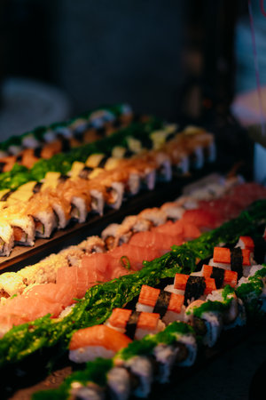 Japanese specialty food rice filled with fish called sushiの写真素材