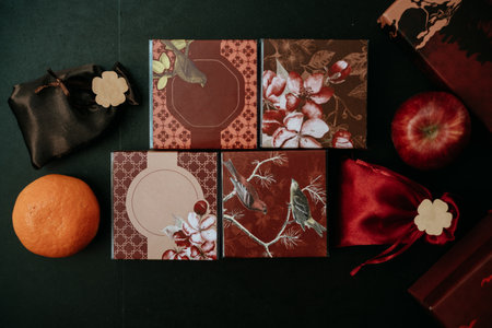 Luxury hamper gift display decoration for wedding with fruits, engagement. Top viewの写真素材