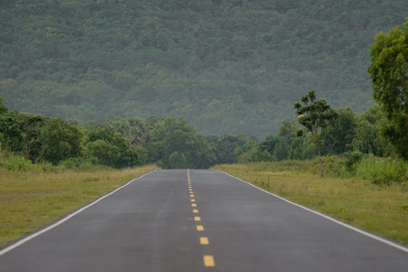 beautiful view of the highway amidst the hill treesの写真素材