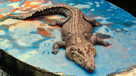crocodile relaxing and sunbathing on a flat rock surfaceの写真素材