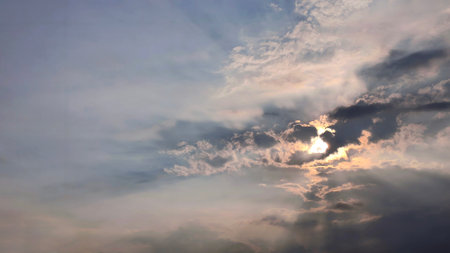 beautiful view of sunset rays in the sky breaking through the clouds in the evening, panorama (1)の写真素材