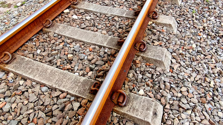 Railroad tracks. Concrete sleepers and gravel (4)