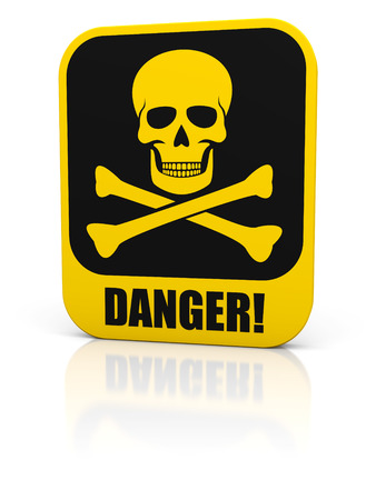 Square yellow deadly danger sign with skull and bones. Isolated on white.の写真素材