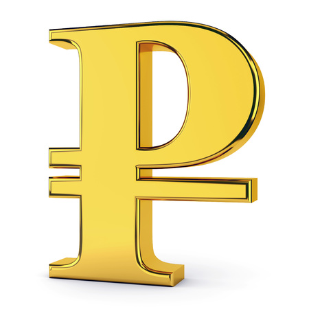 Golden symbol of russian ruble isolated on white background. Financial, business and investment concept.の写真素材
