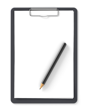 Black clipboard with blank sheets of paper and pencil isolated on whiteの写真素材