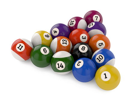 Triangle group of old glossy pool game balls with numbers isolated on white background