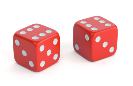 Red dices isolated on white background. Gambling, board games, casino and luck concept.