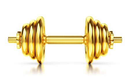 Golden dumbbell isolated on white background, glossy floor. Sports award, trophy and championship concept. 3D illustrationの写真素材