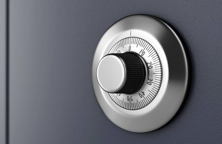 Safe door with code dial. Close-up of combination lock. Security concept.  3D illustration