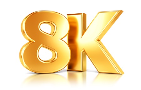 8K ultra high definition television video technology golden logo icon isolated on white background with reflection effect. 3D illustrationの写真素材