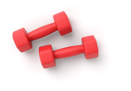 Two red rubber or plastic coated fitness dumbbells isolated on white background. 3D illustrationの写真素材