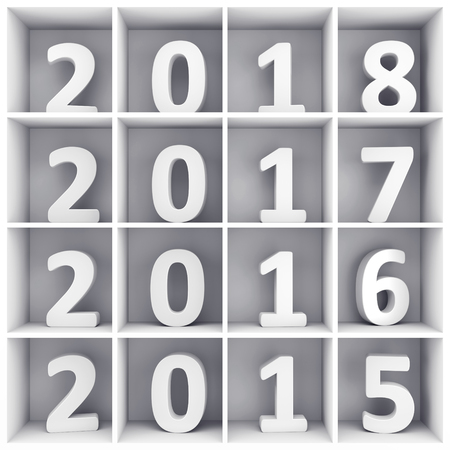 2017 or 2018 New Year and Merry Christmas concept. White number symbols placed on square book shelf....