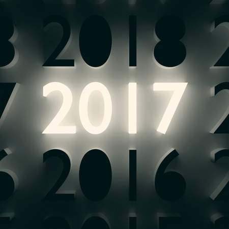 2017 New Year and Merry Christmas concept. Luminous and dark number symbols on wall. 3D illustration