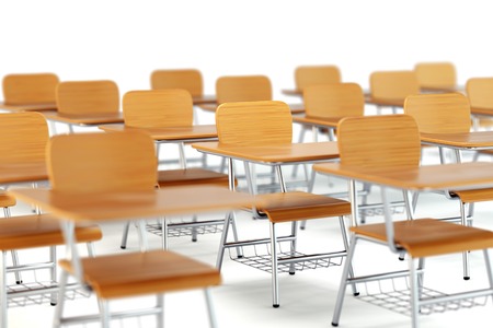 School desk with chair in classroom. Wooden furniture on white background. 3D illustrationの写真素材