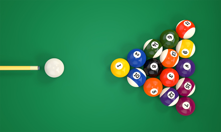 Billiard cue aim pyramid group of colorful glossy pool game balls with numbers on green snooker...