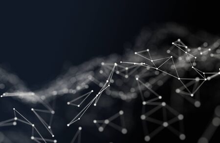 Abstract futuristic illustration of polygonal surface. Low poly shape with connecting dots and lines on dark background. 3D renderingの写真素材