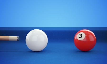 Cue hitting red ball number 3 on defocused blue billiard ball background. 3D illustrationの写真素材