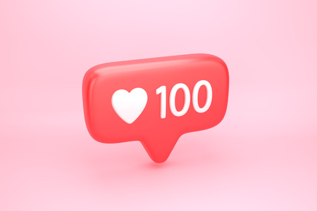 One hundred likes social media notification icon with heart symbol and number 100 on like counter. 3D illustrationの写真素材