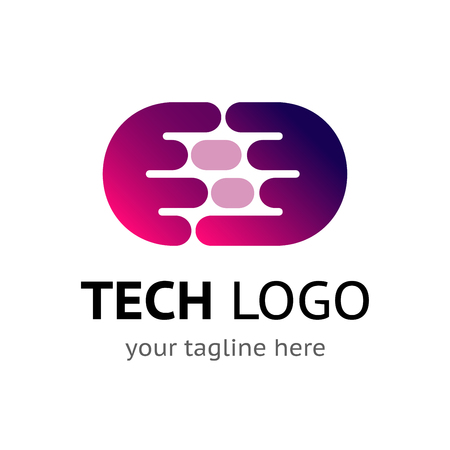 Digital template with sample company name and tagline. Simple vector icon. Abstract round purple cell shape sign. Neural network tech, blockchain, artificial intelligence or biotechnology symbolのイラスト素材
