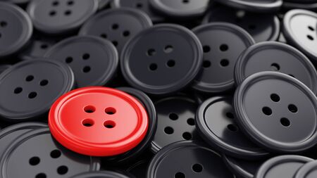 Unique red clothing sewing button among many dark ones. Standing out from crowd, individuality and...