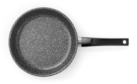 Metal frying pan with gray ceramic or granite powder non-stick coating and plastic handle isolated on white baclground. 3D illustrationの写真素材