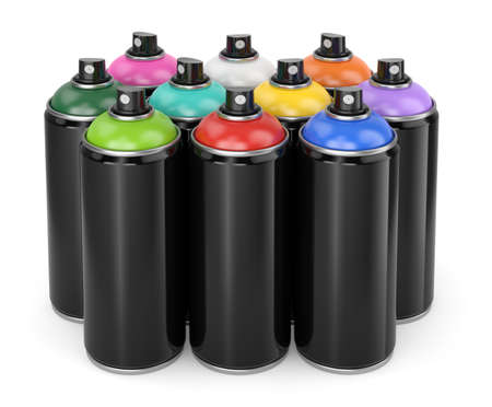 Group of colorful metal spray paint cans isolated on white background. 3D illustrationの写真素材