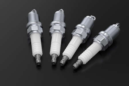 Four car engine spark plugs on dark glossy plane background. 3D illustration