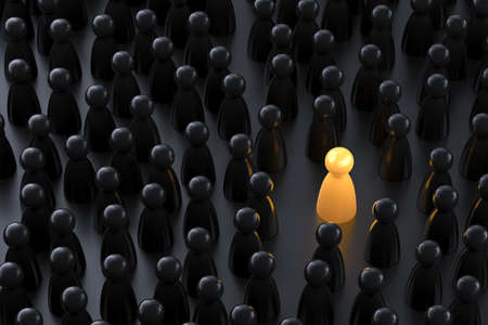 Unique color yellow board game pawn among dark ones. Leadership, individuality and standing out of crowd concept. 3D illustrationの写真素材