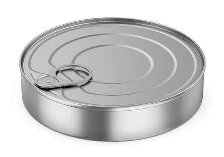 Metal tin can, fish or pet food mockup with pull ring. Metallic canned round with open key, metal jar isolated on white background. Aluminium preserve canister. 3D illustrationの写真素材