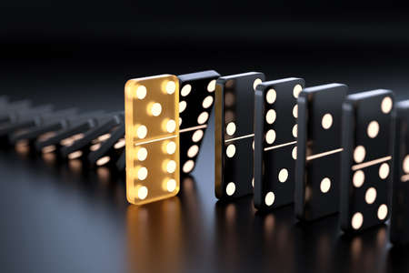 Unique yellow glowing domino tile among many black dominoes. Standing out from crowd, individuality and difference concept. 3D illustrationの写真素材