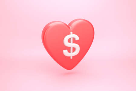 Donate and crowd funding concept. One heart shaped social media notification icon with US dollar symbol. 3D illustrationの写真素材