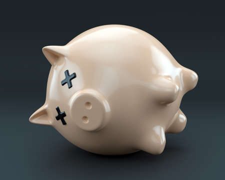 Dead piggy bank upside down on dark background. Economic depression, financial crisis, bankruptcy concept. 3D illustrationの写真素材
