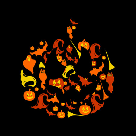 Halloween icons set 6 colorful illustrations on a pumpkin backgroundのイラスト素材