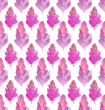 Seamless pattern of pink feathers. Hand drawing watercolor. Two types of feathers. Excellent for fabric design, bed linen.の写真素材