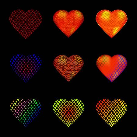 Set of 9 hearts. Valentines Day. Pattern of mesh. Bright, multi-coloredのイラスト素材