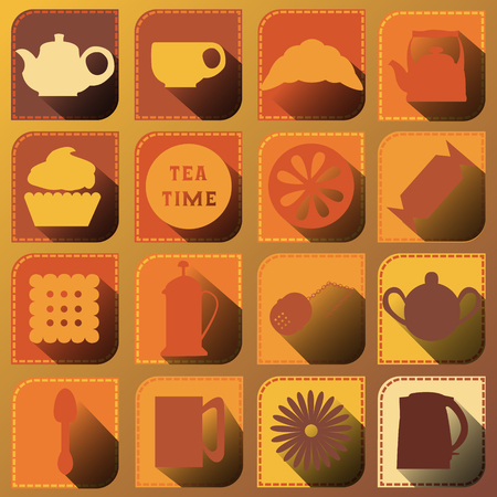Set of 16 icons. Tea time. Brown tones. Shadowのイラスト素材
