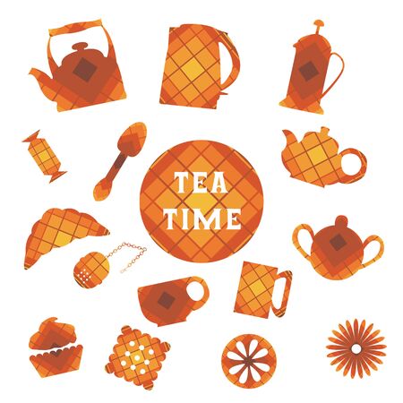 Set of 16 icons. Tea time. Brown tones. In squareのイラスト素材