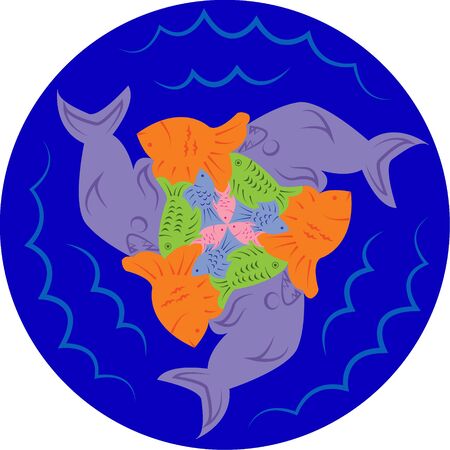 Puzzles of fish. Escher style. Symmetrical round patternのイラスト素材