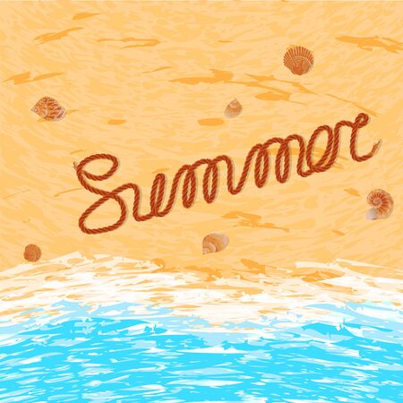 Vector Word Summer on the sandy beach. Sea - shells - sand - ropeのイラスト素材
