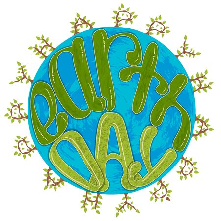 Earth Day. Round lettering poster. Surrounded by trees letters. Vector illustration with the Earth. For greeting card, poster, web designのイラスト素材