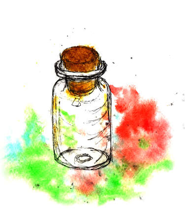 Small bottle with a wooden cork. Hand drawing watercolor and inkの写真素材
