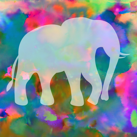 Happy Holi colorful background. Bright colors. Indian holiday. Silhouette translucent of elephantの写真素材