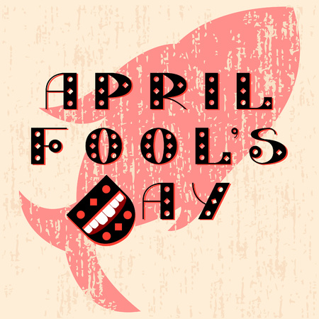 April Fools Day. The text is from beautiful letters. Laughing mouth from the letter D. Fish from paper. On grunge background, pastel shades.のイラスト素材