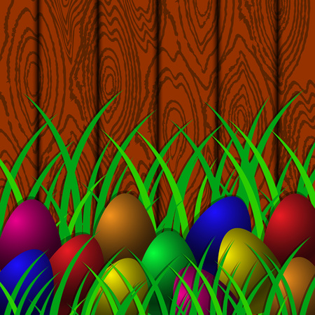 Easter. Eggs on the background of wood and grass. Place for textのイラスト素材