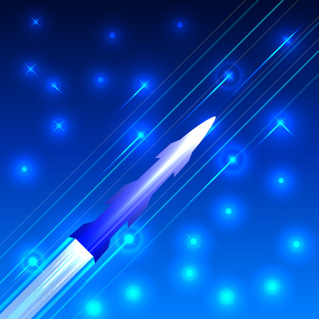 International Day of Human Space Flight. Space rocket is flying among stars. The effect of motion. Diagonal arrangementのイラスト素材