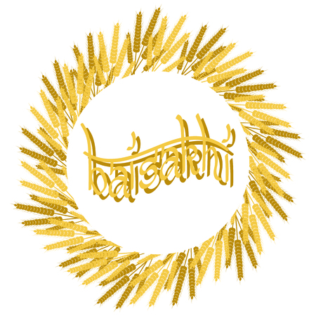 Holiday Baisakhi. New Year of the Sikhs. Wreath of Wheat. On a red-orange background. Lettering name of the holidayのイラスト素材
