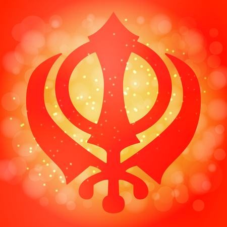 Celebration Holiday Baisakhi. New Year of the Sikhs. Khanda Sikh symbol. On a red-orange backgroundのイラスト素材