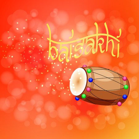 Celebration Holiday Baisakhi. New Year of the Sikhs. Drum, dholak, devanagari. On a red-orange backgroundのイラスト素材