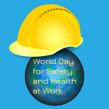 World Day for Safety and Health at Work. 28 April. Celebration concept. Earth and protective helmet of yellow color. Blue background. Text event nameのイラスト素材
