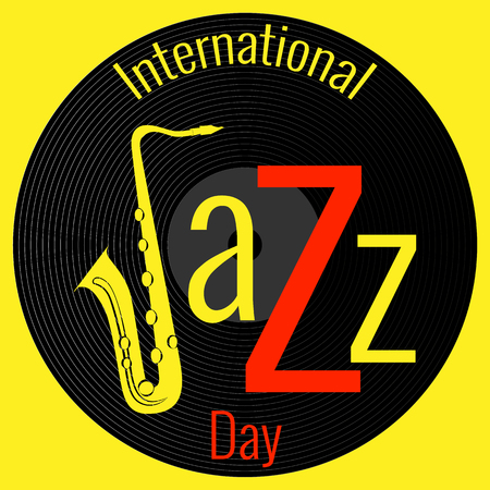 International Jazz Day. Concept of the event. Background - vinyl record. Lettering with saxophoneのイラスト素材
